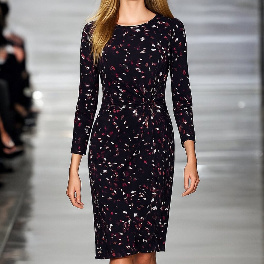 Ann Taylor Elegant Midi Dress with Abstract Print and Draped Design, Size S. - Picture 3 of 7
